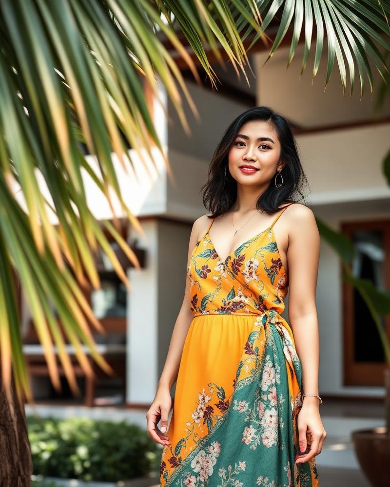 Yuki, an inmeai AI girlfriend among palm leaves at a tropical villa